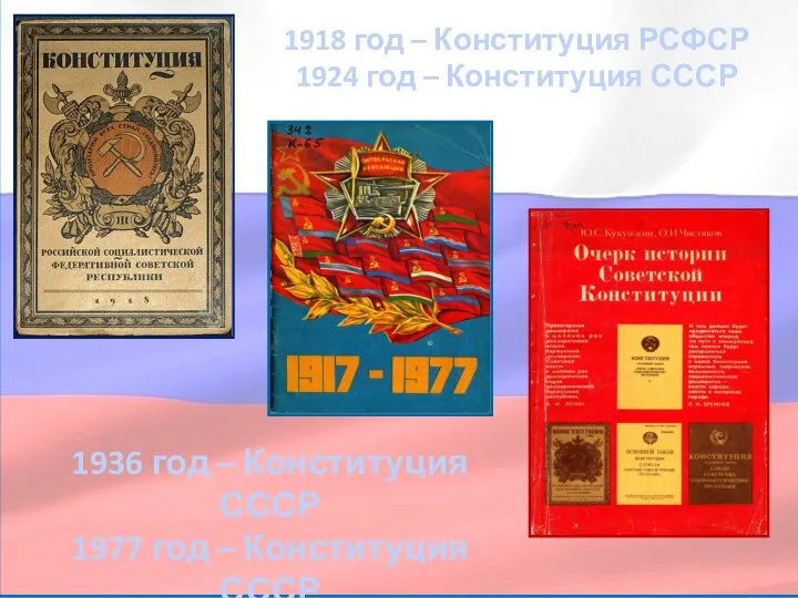 1918 год – Конституция РСФСР 1924 год – Конституция СССР 1936 год