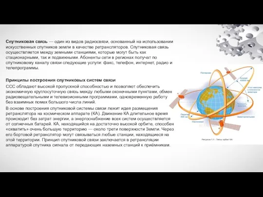 Спутниковая связь — один из видов радиосвязи, основанный на использовании искусственных спутников