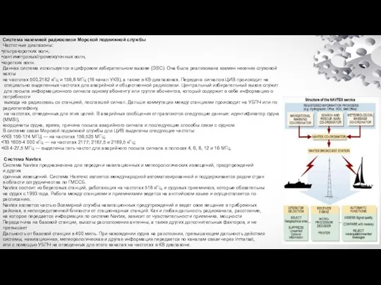 Система наземной радиосвязи Морской подвижной службы Частотные диапазоны: ультракоротких волн, сантиметровых/промежуточных волн,