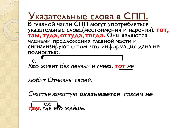 Указательные слова в СПП. В главной части СПП могут употребляться указательные слова(местоимения