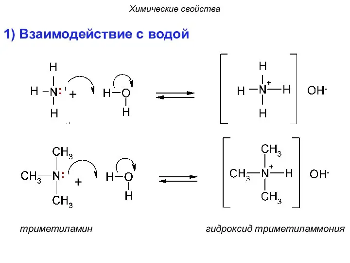 1) Взаимодействие с водой триметиламин гидроксид триметиламмония Химические свойства H H H