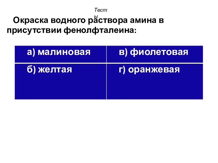 Окраска водного раствора амина в присутствии фенолфталеина: Тесты