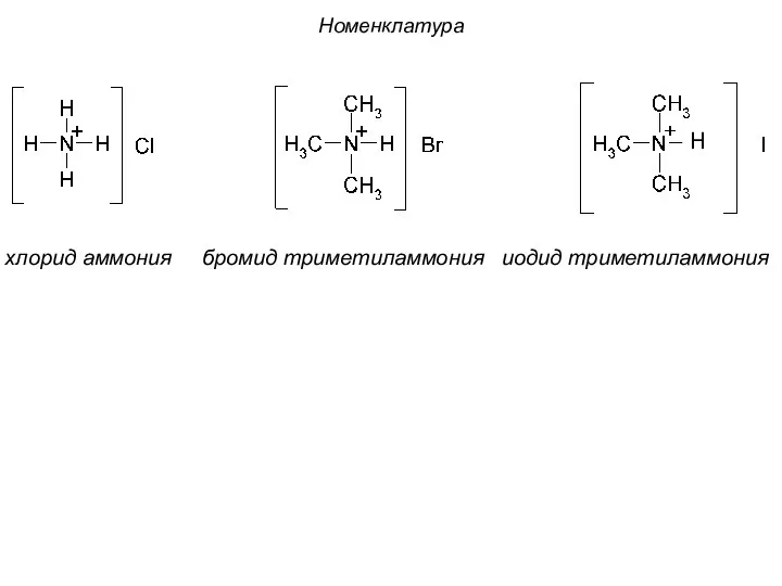 хлорид аммония бромид триметиламмония иодид триметиламмония Номенклатура H