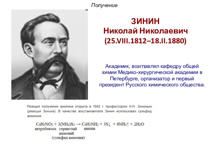 ЗИНИН Николай Николаевич (25.VIII.1812–18.II.1880) Академик, возглавлял кафедру общей химии Медико-хирургической академии в