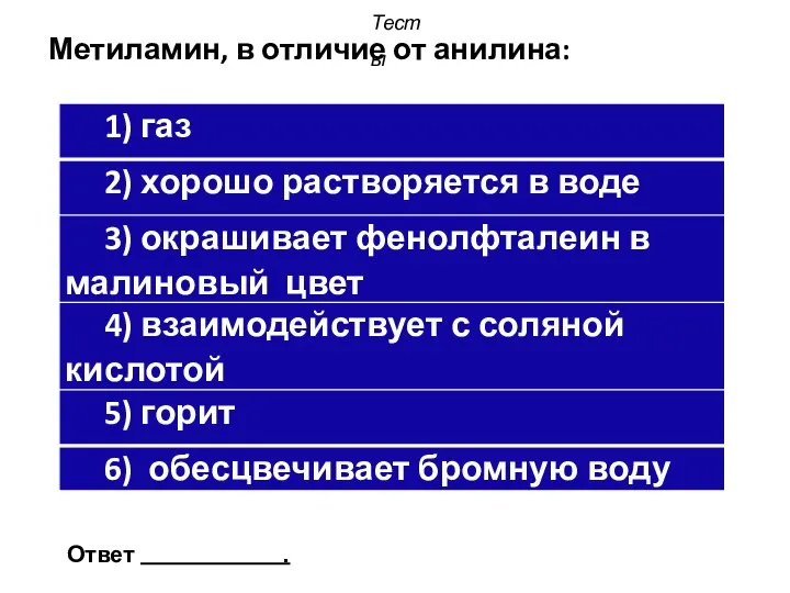 Метиламин, в отличие от анилина: Тесты Ответ .