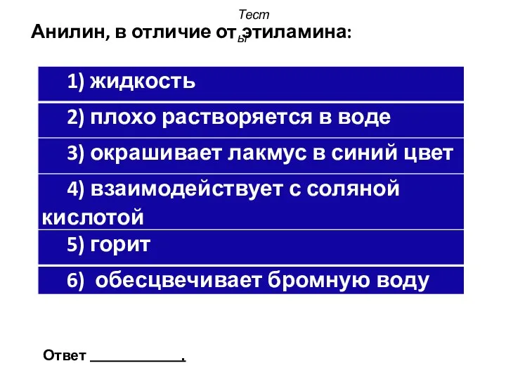 Анилин, в отличие от этиламина: Тесты Ответ .