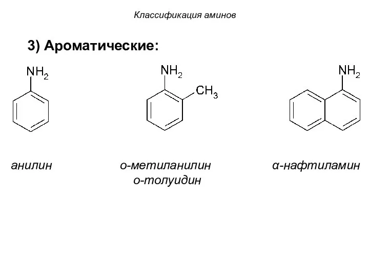 3) Ароматические: анилин о-метиланилин α-нафтиламин о-толуидин Классификация аминов
