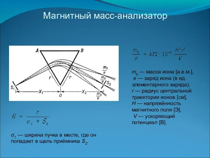 Магнитный масс-анализатор mb — масса иона [а.е.м.], е — заряд иона (в