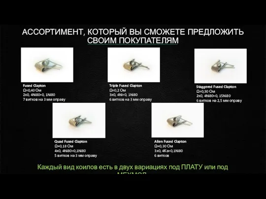 АССОРТИМЕНТ, КОТОРЫЙ ВЫ СМОЖЕТЕ ПРЕДЛОЖИТЬ СВОИМ ПОКУПАТЕЛЯМ Fused Clapton Ω=0,40 Ом 2х0,