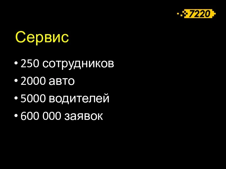 Сервис 250 сотрудников 2000 авто 5000 водителей 600 000 заявок