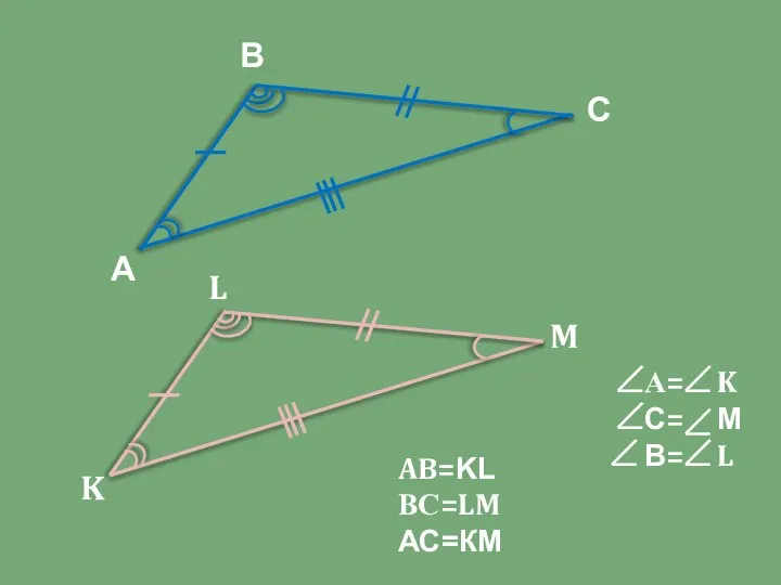 А В С K L M AB=KL ВС=LM АС=КМ А= K С= М В= L