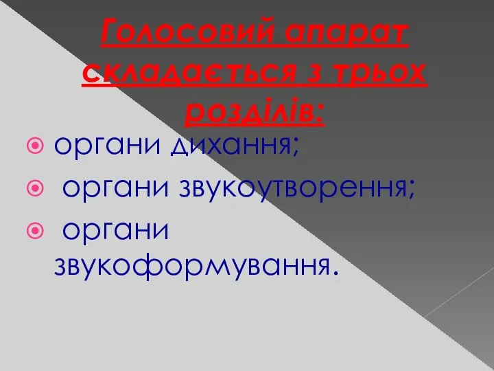 Голосовий апарат складається з трьох розділів: органи дихання; органи звукоутворення; органи звукоформування.