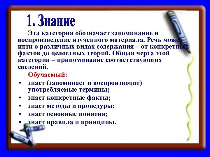 Эта категория обозначает запоминание и воспроизведение изученного материала. Речь может идти о