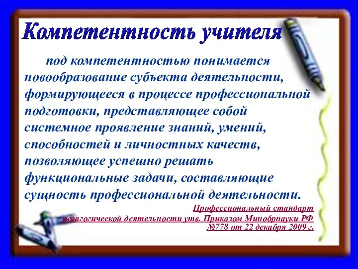 Компетентность учителя под компетентностью понимается новообразование субъекта деятельности, формирующееся в процессе профессиональной