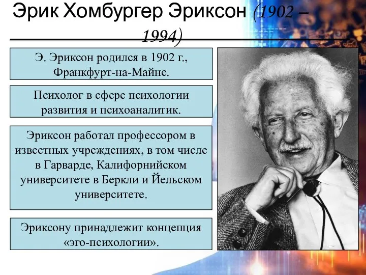 Эрик Хомбургер Эриксон (1902 – 1994) Э. Эриксон родился в 1902 г.,