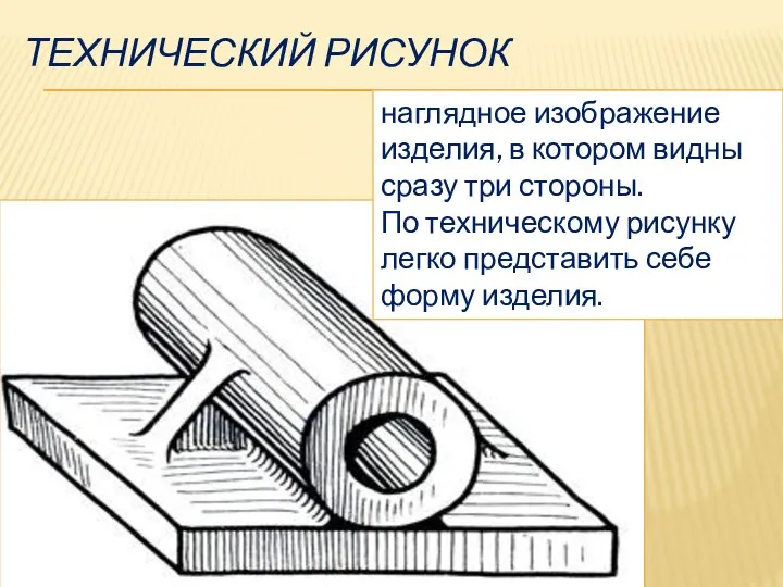 ТЕХНИЧЕСКИЙ РИСУНОК наглядное изображение изделия, в котором видны сразу три стороны. По