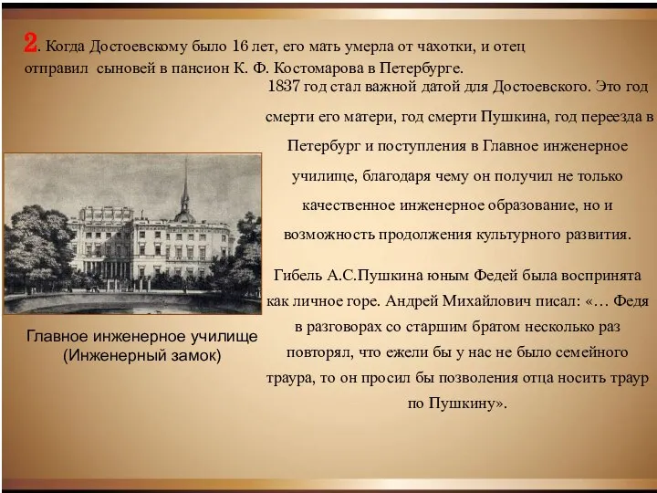 Главное инженерное училище (Инженерный замок) 1837 год стал важной датой для Достоевского.