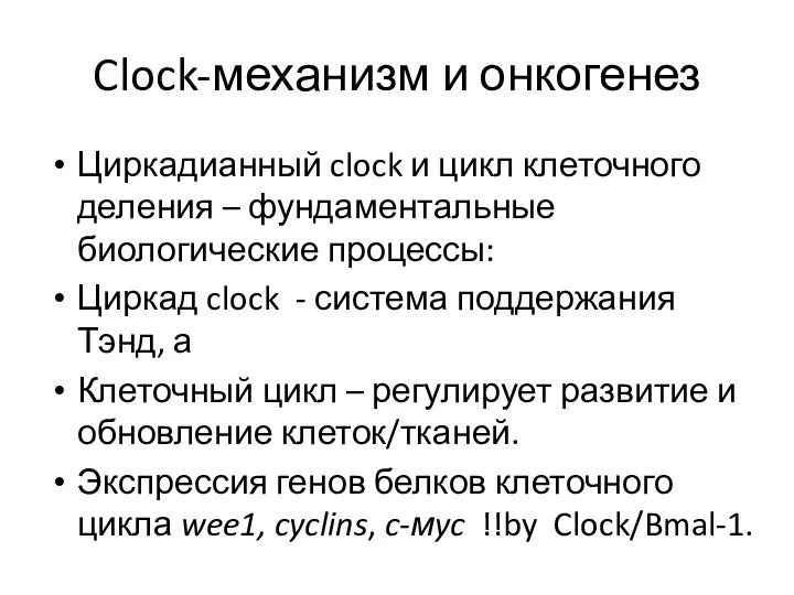 Clock-механизм и онкогенез Циркадианный clock и цикл клеточного деления – фундаментальные биологические