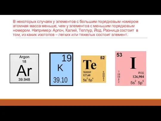 В некоторых случаях у элементов с большим порядковым номером атомная масса меньше,