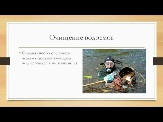 Очищение водоемов Сегодня очистка отдельного водоема стоит немалых денег, ведь не многие этим занимаются.