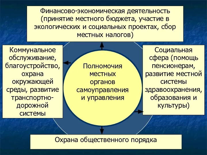 Полномочия местных органов самоуправления и управления Финансово-экономическая деятельность (принятие местного бюджета, участие