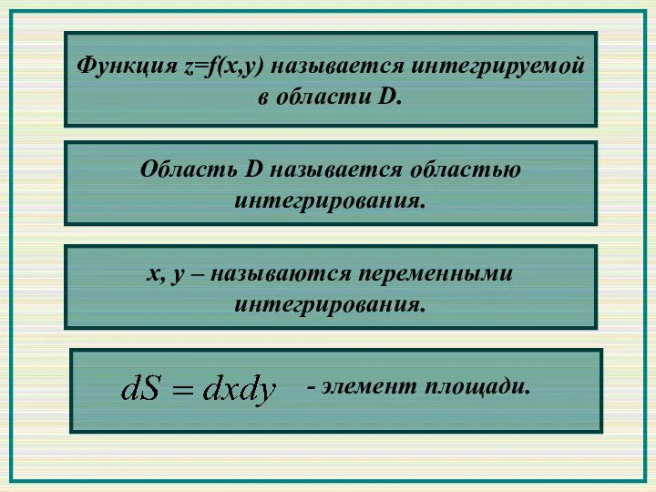 Функция z=f(x,у) называется интегрируемой в области D. Область D называется областью интегрирования.