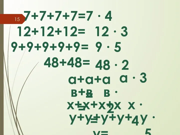 7+7+7+7= 12+12+12= 9+9+9+9+9= 48+48= а+а+а= в+в= х+х+х+х= у+у+у+у+у= 7 ∙ 4 12