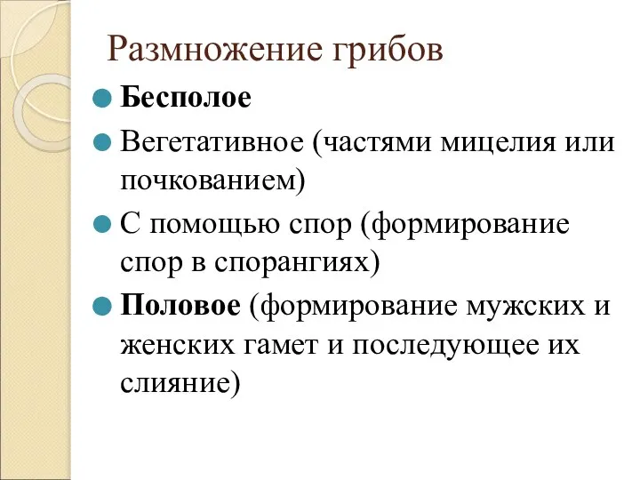 Размножение грибов Бесполое Вегетативное (частями мицелия или почкованием) С помощью спор (формирование