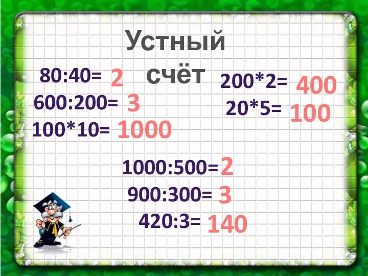 Устный счёт 80:40= 600:200= 100*10= 1000:500= 900:300= 420:3= 200*2= 20*5= 2 3