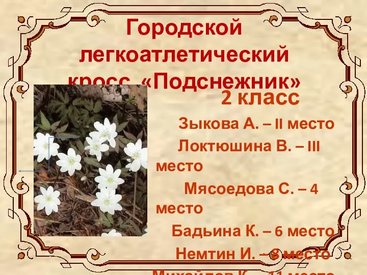 Городской легкоатлетический кросс «Подснежник» 2 класс Зыкова А. – II место Локтюшина