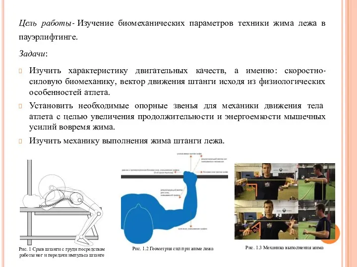 Цель работы- Изучение биомеханических параметров техники жима лежа в пауэрлифтинге. Задачи: Изучить