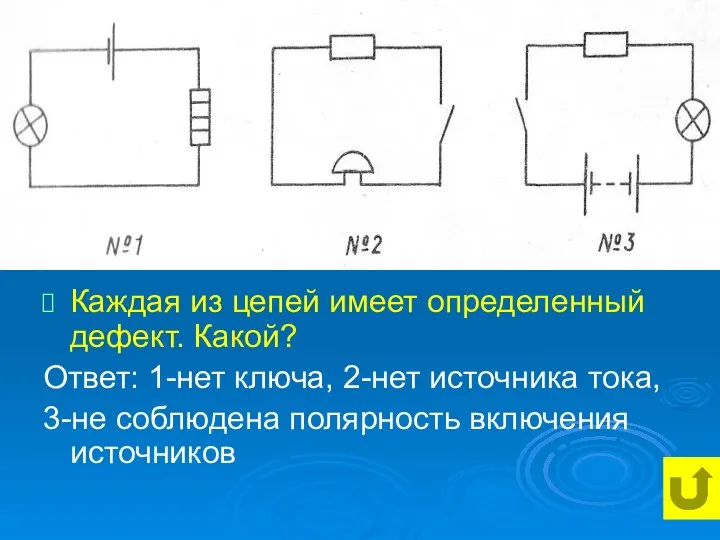 Каждая из цепей имеет определенный дефект. Какой? Ответ: 1-нет ключа, 2-нет источника