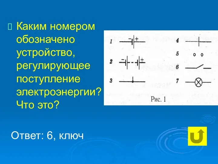 Каким номером обозначено устройство, регулирующее поступление электроэнергии? Что это? Ответ: 6, ключ