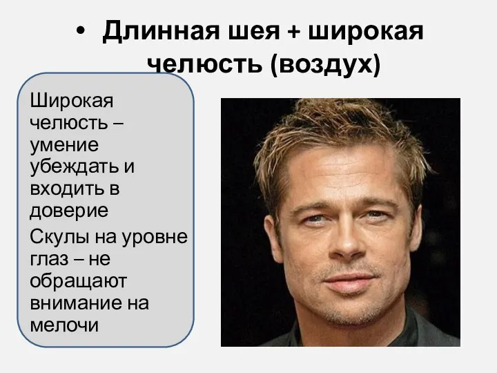Длинная шея + широкая челюсть (воздух) Широкая челюсть – умение убеждать и