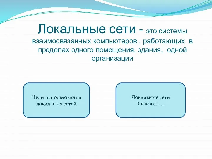 Локальные сети - это системы взаимосвязанных компьютеров , работающих в пределах одного