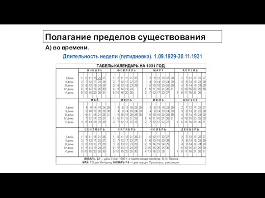 Полагание пределов существования А) во времени. Длительность недели (пятидневка). 1.09.1929-30.11.1931