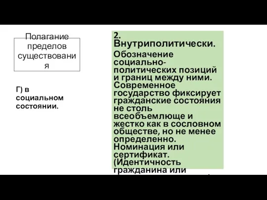 Полагание пределов существования 2. Внутриполитически. Обозначение социально-политических позиций и границ между ними.