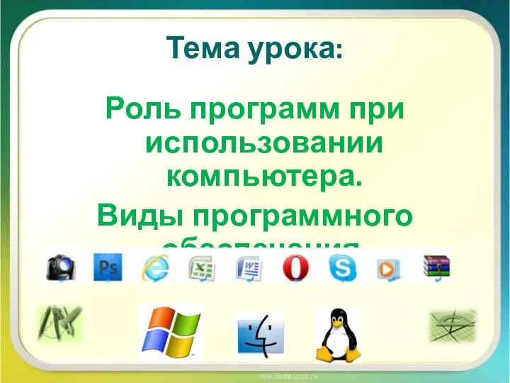 Тема урока: Роль программ при использовании компьютера. Виды программного обеспечения.