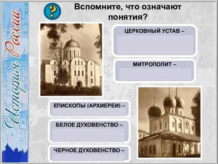 ЦЕРКОВНЫЙ УСТАВ – свод правил, регулирующих поведение священников МИТРОПОЛИТ – глава Русской