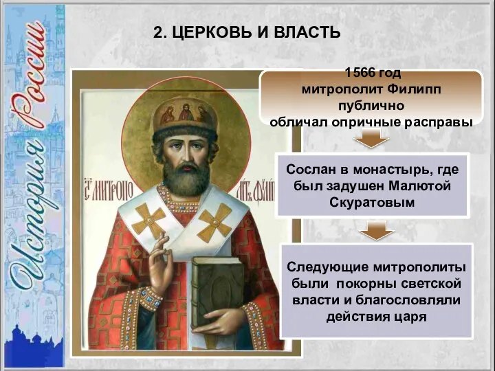 1566 год митрополит Филипп публично обличал опричные расправы Сослан в монастырь, где