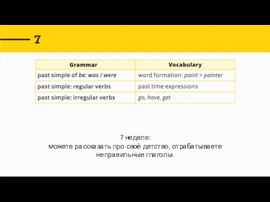 7 неделя: можете рассказать про своё детство, отрабатываете неправильные глаголы.