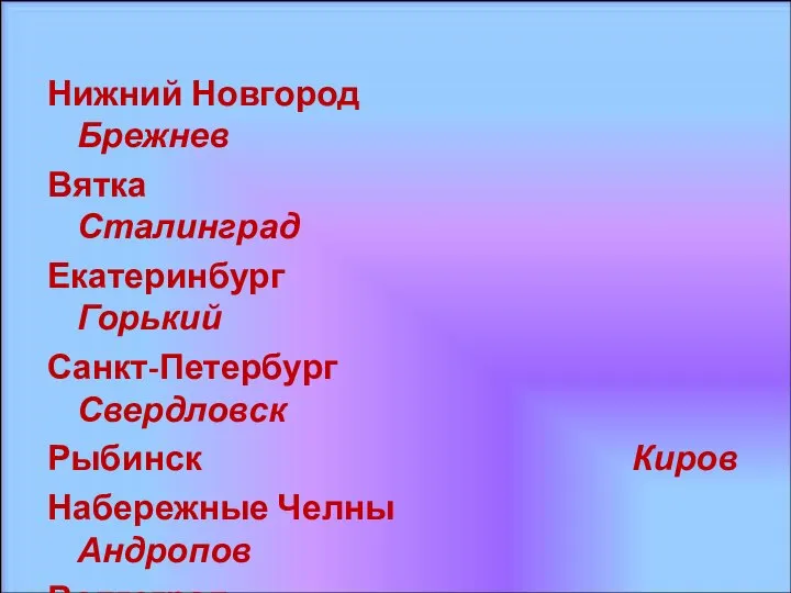 Нижний Новгород Брежнев Вятка Сталинград Екатеринбург Горький Санкт-Петербург Свердловск Рыбинск Киров Набережные Челны Андропов Волгоград Ленинград