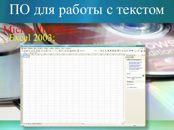 ПО для работы с текстом Microsoft Office: - Excel 2003;