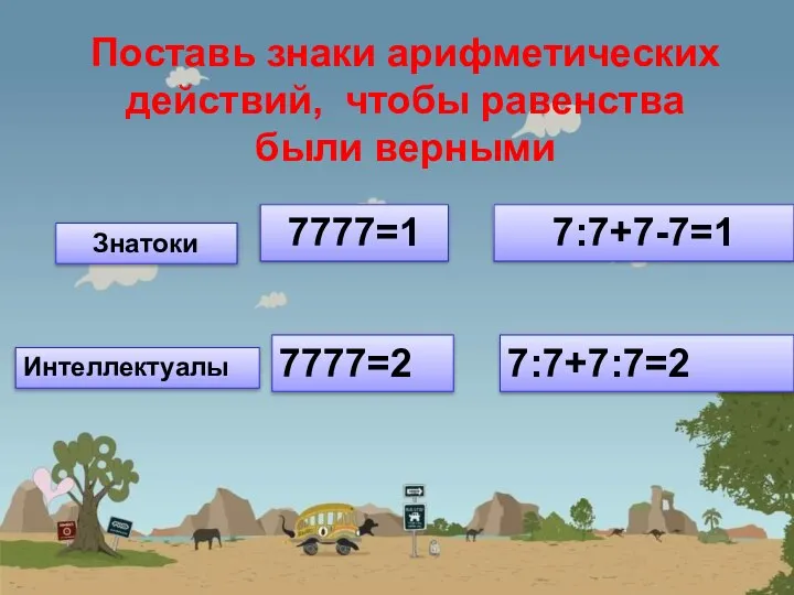 Поставь знаки арифметических действий, чтобы равенства были верными 7777=1 7:7+7-7=1 7777=2 Знатоки 7:7+7:7=2 Интеллектуалы