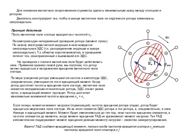 Принцип действия Пусть магнитное поле статора вращается с частотой n1. Рассмотрим один
