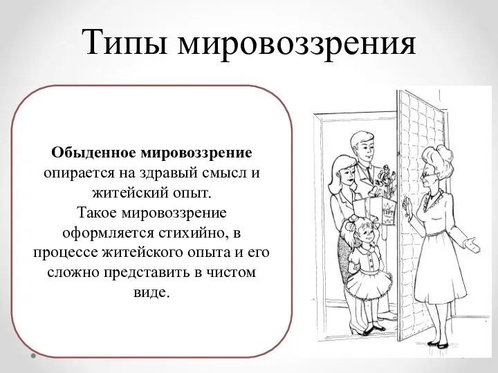 Типы мировоззрения Обыденное мировоззрение опирается на здравый смысл и житейский опыт. Такое