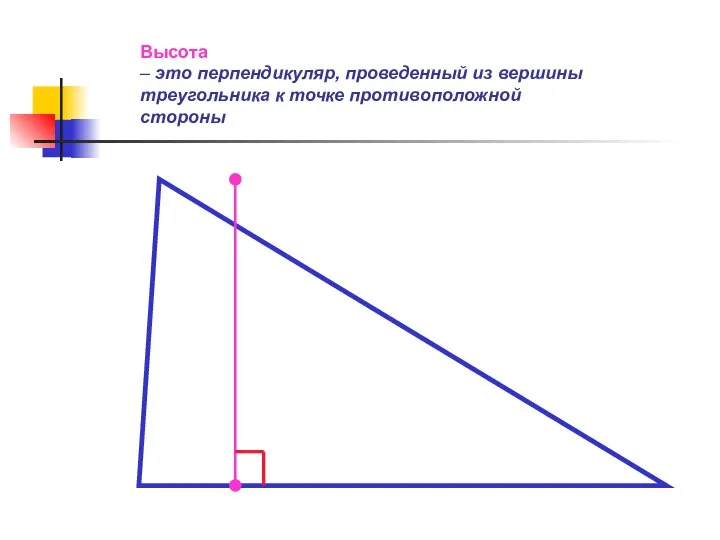 Высота – это перпендикуляр, проведенный из вершины треугольника к точке противоположной стороны