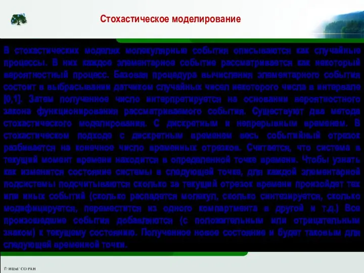 Стохастическое моделирование В стохастических моделях молекулярные события описываются как случайные процессы. В