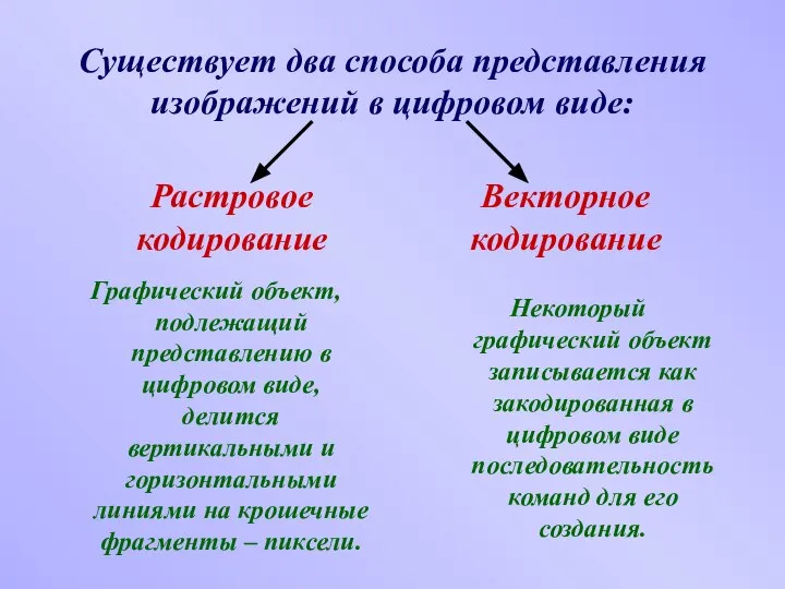 Существует два способа представления изображений в цифровом виде: Растровое кодирование Векторное кодирование