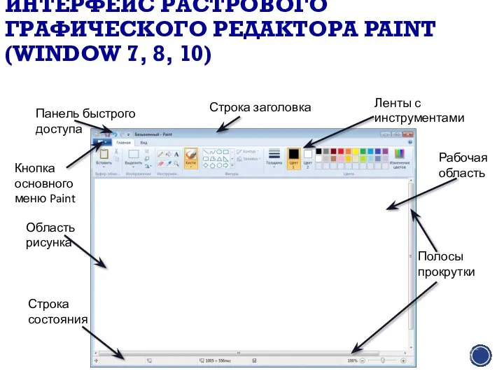 ИНТЕРФЕЙС РАСТРОВОГО ГРАФИЧЕСКОГО РЕДАКТОРА PAINT (WINDOW 7, 8, 10) Строка заголовка Кнопка